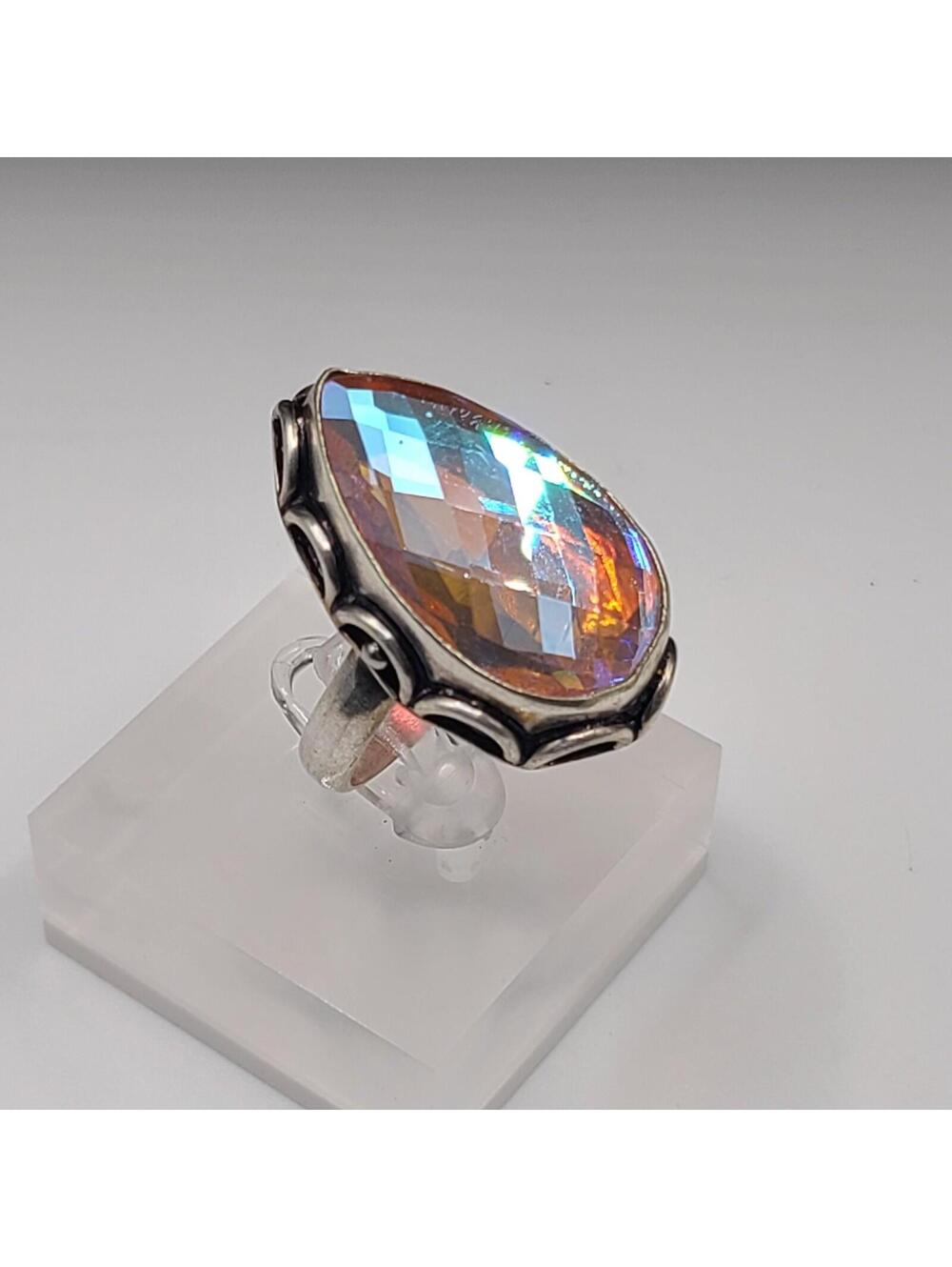 925 Sterling Silver Ornate Gallery Pear Faceted Iridescent Glass Statement 9.5